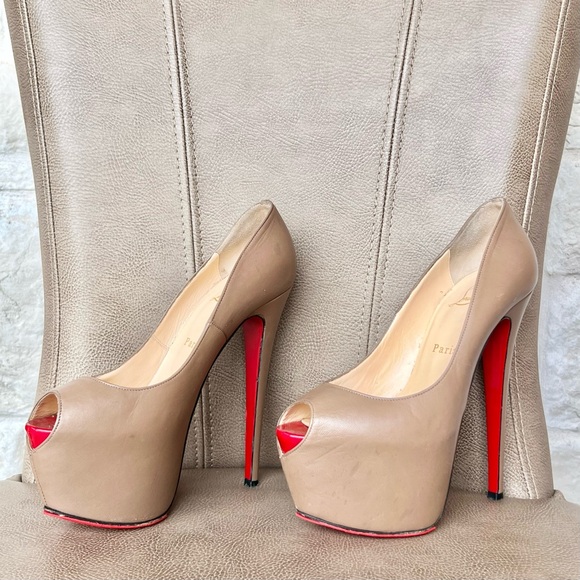 Christian Louboutin Highness 160 Nude Tan Platform Red Peep Toe Euro 38 1/2 - Picture 3 of 16